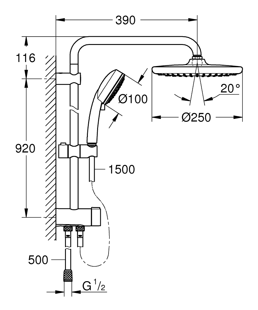 чертеж Душевая система Grohe Tempesta Cosmopolitan System 26675000 с круглым верхним душем