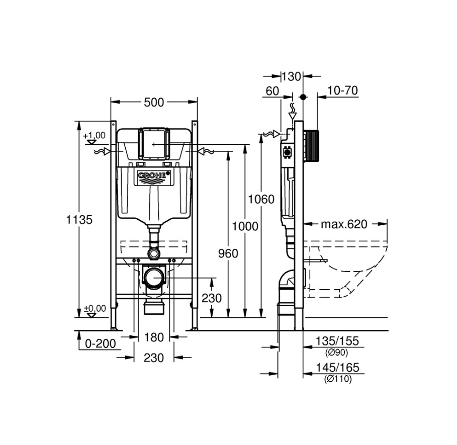 чертеж Инсталляция для унитаза GROHE RAPID SLX 388400WG