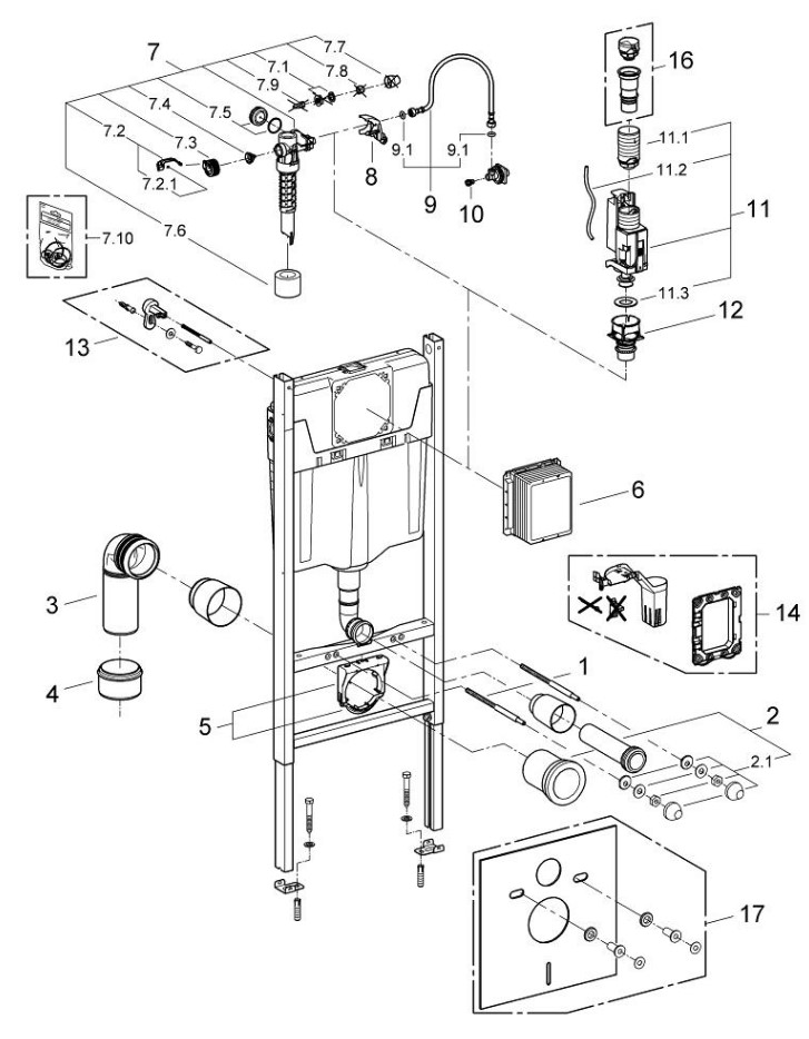 техническая схема Комплект инсталляции для унитаза 4в1 Grohe Rapid SL 3884400A