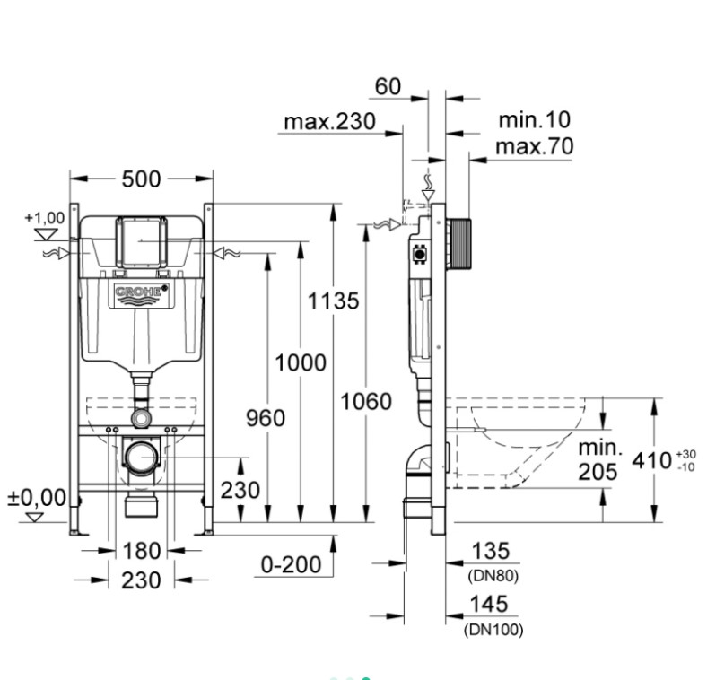 чертеж Комплект инсталляции для унитаза Grohe Rapid SL 4в1 38862P0A