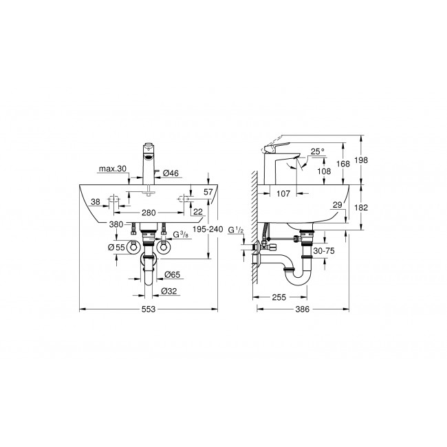 креслення Раковина Grohe Bau 39643000 + Змішувач Grohe BauEdge 23759000