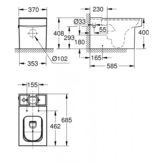 техническая схема Унитаз напольный для комбинации с бачком наружного монтажа Grohe Cube 3948400H