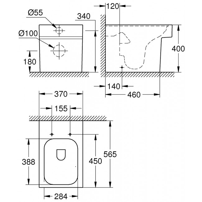 техническая схема Унитаз напольный приставной Grohe Cube 3948500H
