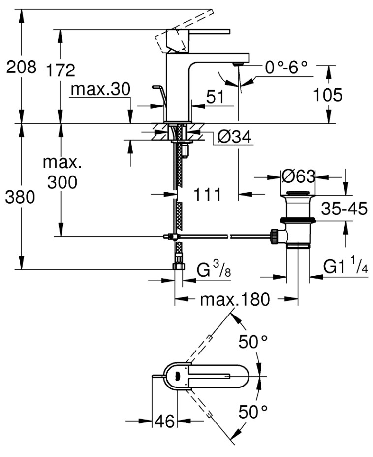 техническая схема Смеситель для раковины Grohe Plus 32612003