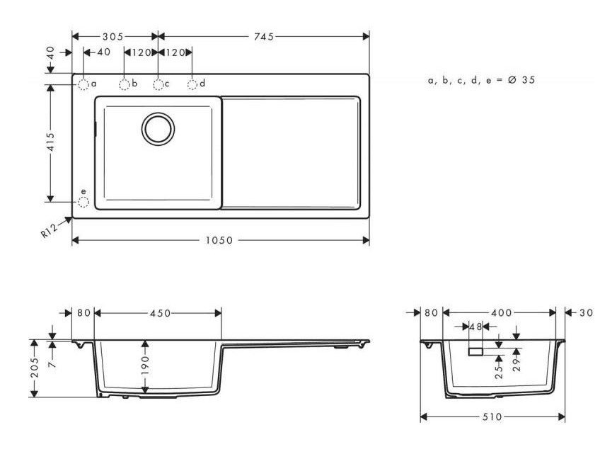 чертеж Мойка для кухни hansgrohe S51 S5110-F450, 43330170 с сушилкой справа