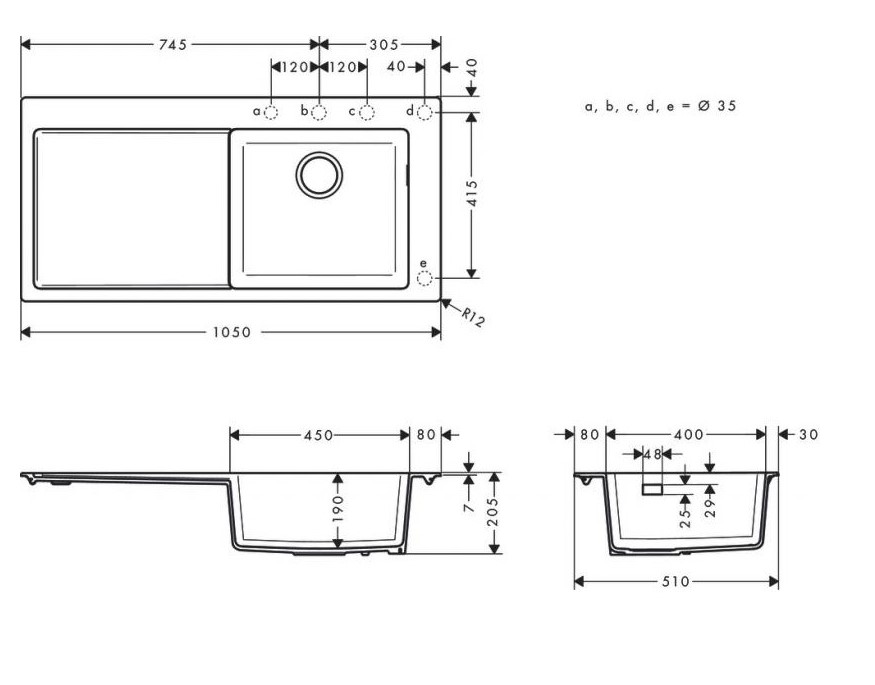 чертеж Мойка для кухни hansgrohe S51 S514-F450, 43314170 с сушилкой слева