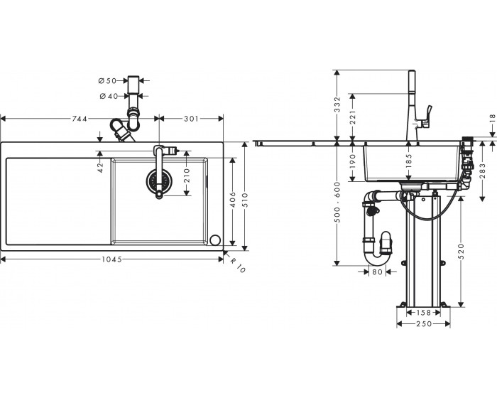 чертеж Кухонный комплект Hansgrohe C71 C71-F450-02, 43208800 с сушилкой слева