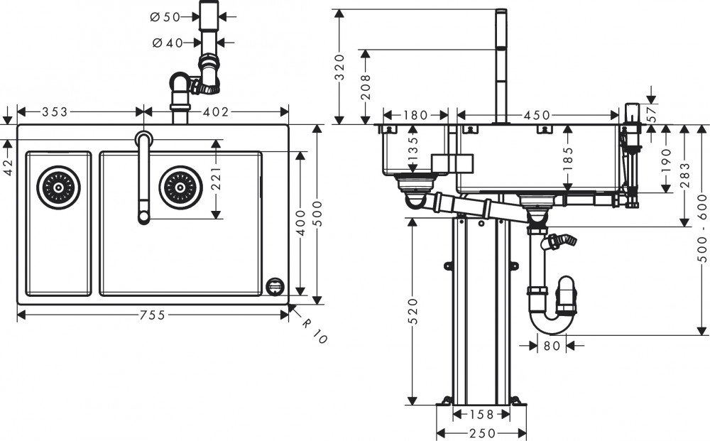 чертеж Кухонный комплект Hansgrohe C71-F655-09, 43206800