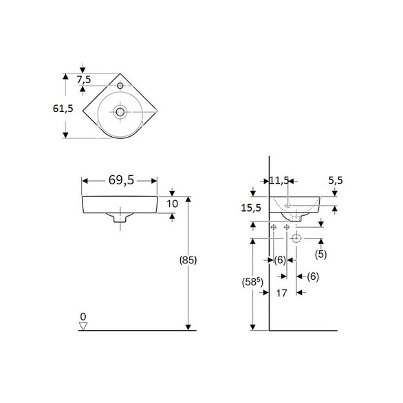 техническая схема Подвесная раковина угловая Geberit Selnova Compact 501.519.00.1