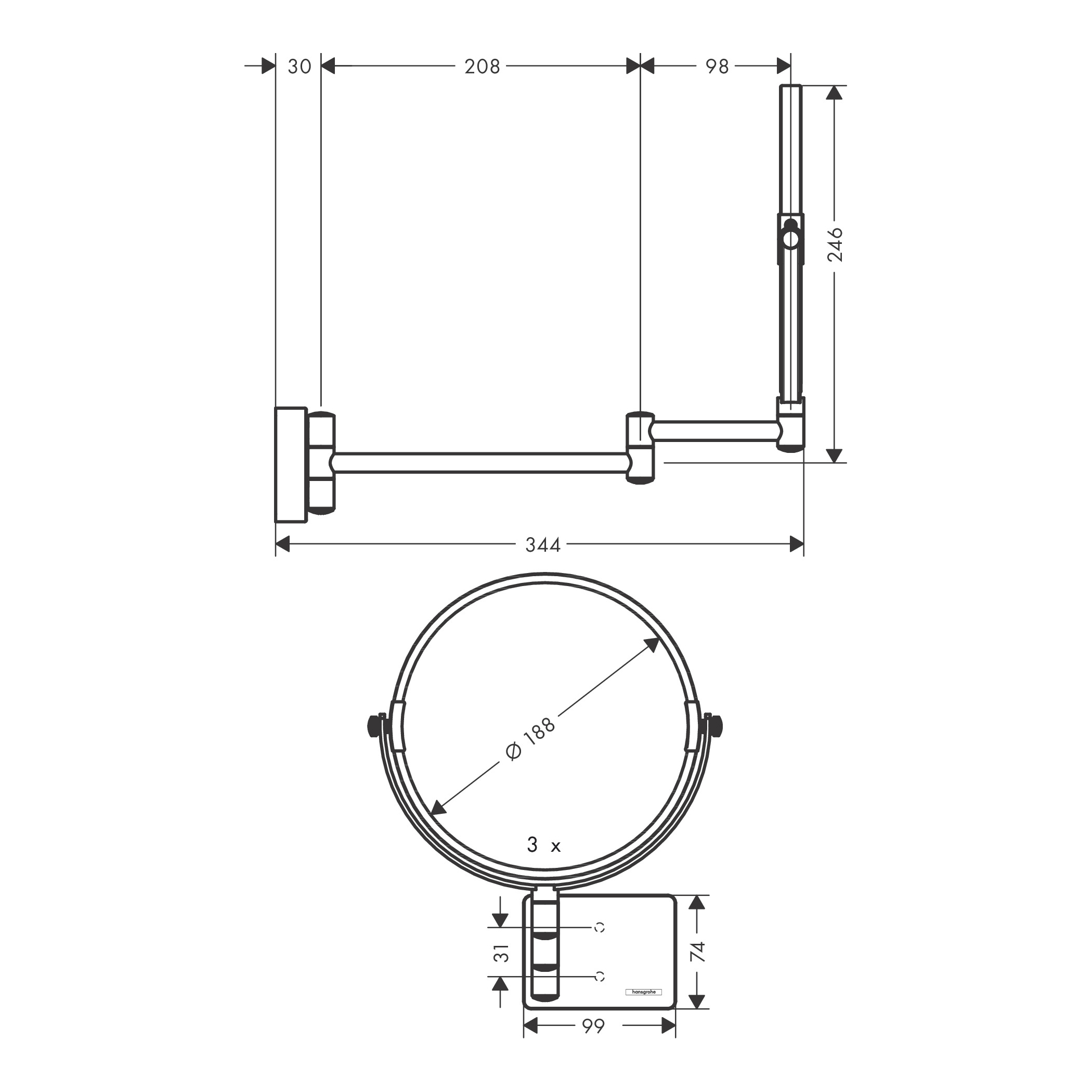 креслення Дзеркало косметичне Hansgrohe AddStoris 41791990 золото