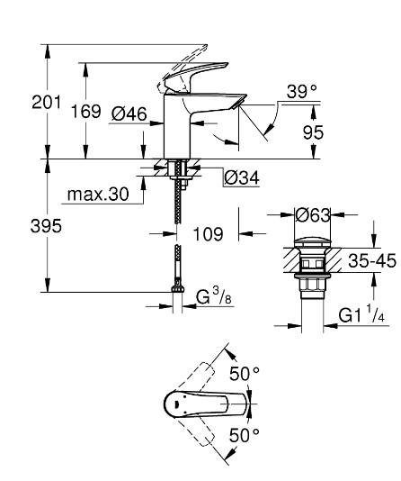 чертеж Смеситель для раковины Grohe Eurosmart New 23922003 хром