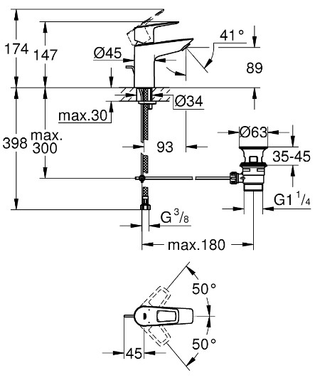 технічна схема Змішувач для раковини Grohe BauEdge New 23335001 хром