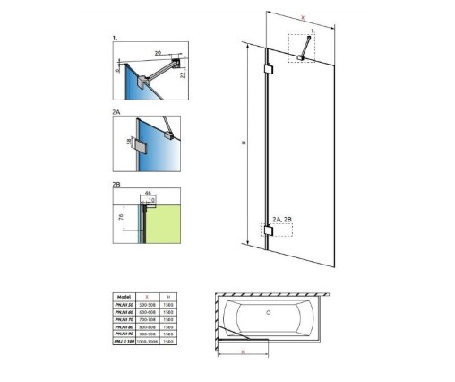 креслення Шторка для ванни Radaway Essenza Pro White PNJ II 10101100-04-01