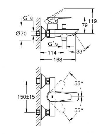 техническая схема Набор смесителей для ванны Grohe BauEdge 3в1 UA123365S0