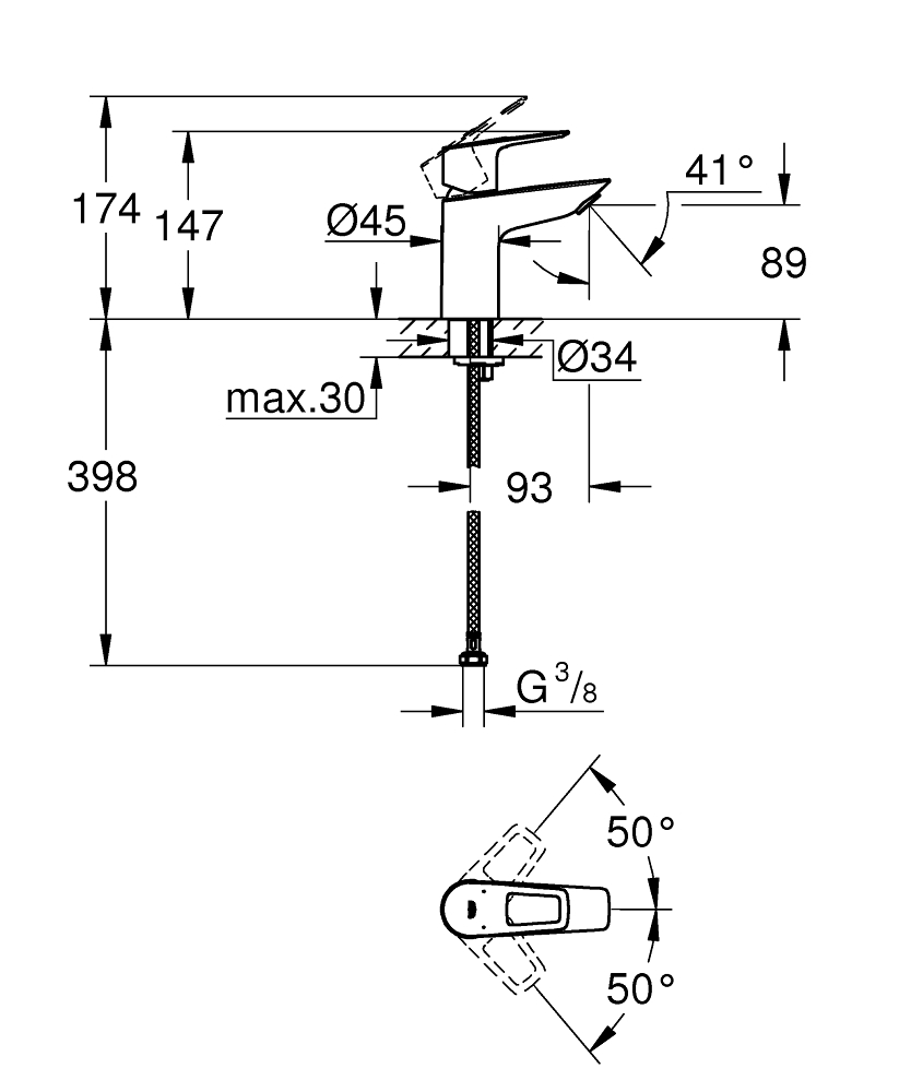 техническая схема Набор смесителей для ванны Grohe BauLoop UA123214S0