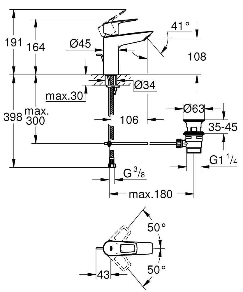 Набор смесителей для душа Grohe BauLoop UA34550TM0 техническая схема 2