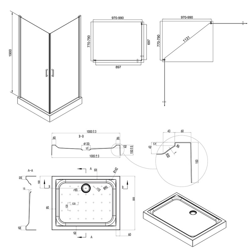 креслення Душова кабіна Qtap Gemini Clear 100x80 см на дрібному піддоні Unisquare GEMCRM1018RC6UNIR301815