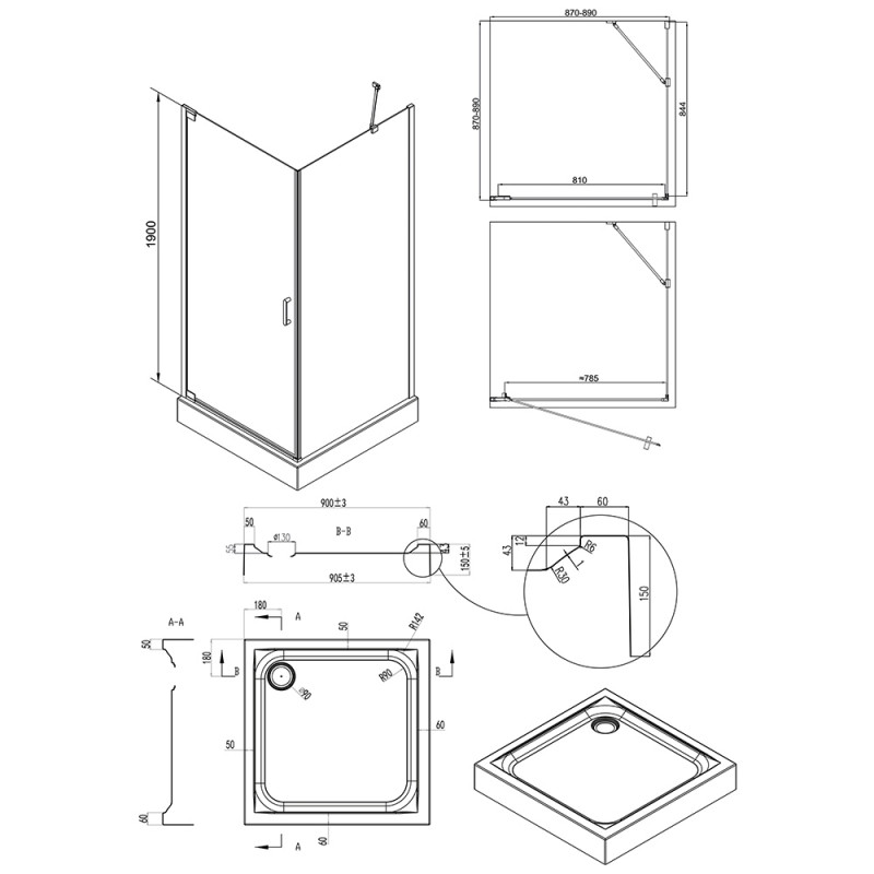 чертеж Душевая кабина Qtap Aquarius Clear 90x90 см на мелком поддоне Unisquare AQUACRM1099SC6UNIS309915
