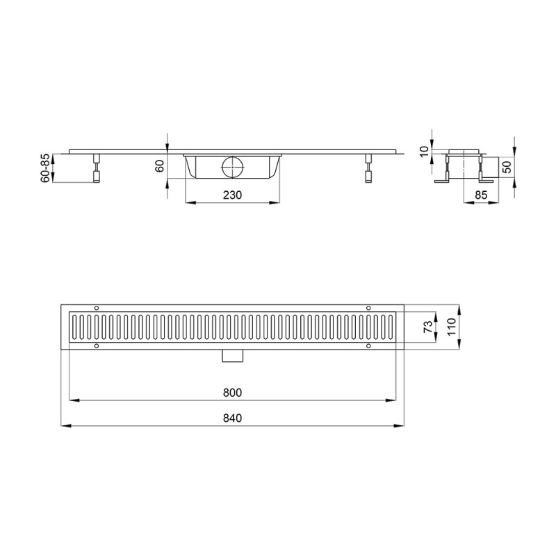 чертеж Линейный трап с нержавеющей решеткой Qtap Dry QTDRYFA304800 серый
