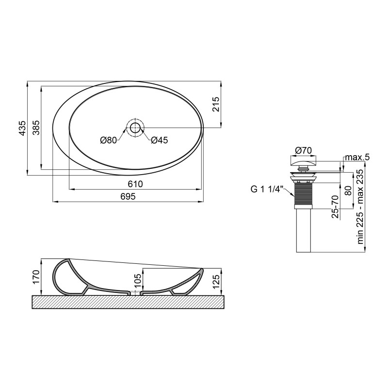 чертеж Раковина с донным клапаном Qtap Leo 70 см QT11111094W