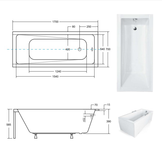 чертеж Ванна акриловая Besco Modern Slim 170х70 см NAVARA39864