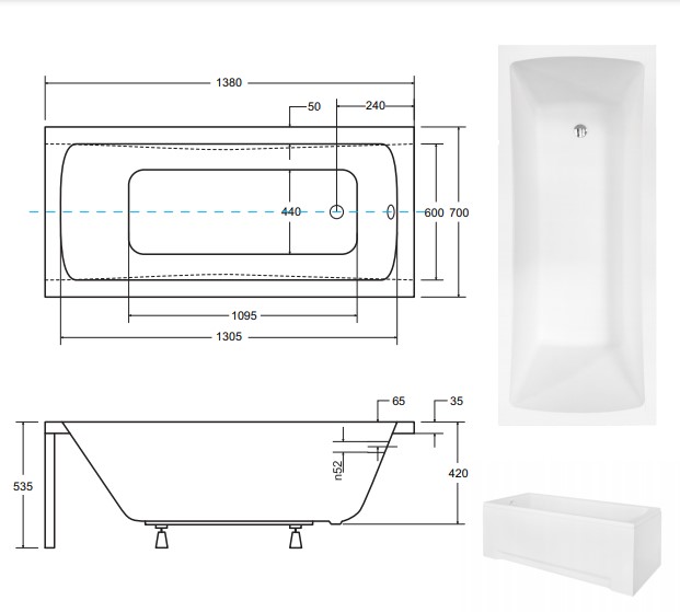 техническая схема Ванна акриловая Besco Optima 140х70 см NAVARA03060
