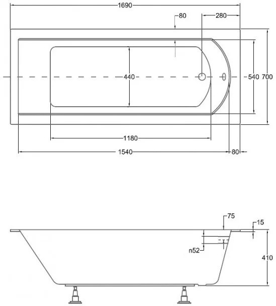 креслення Ванна акрилова Besco Shea Slim 170х70 см NAVARA36455