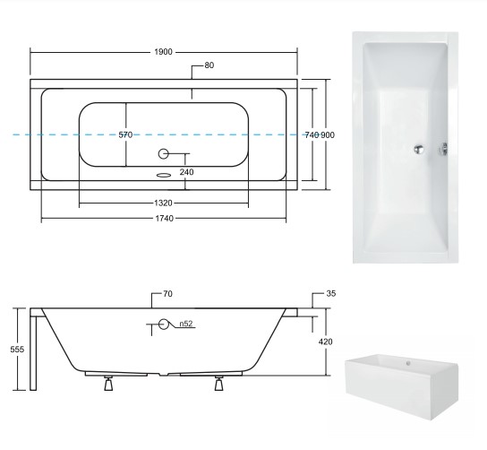 креслення Ванна акрилова Besco Quadro 190х90 см без отворів під ручки NAVARA37781