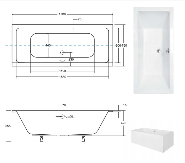 чертеж Ванна акриловая Besco Quadro Slim 170х75 см NAVARA28564