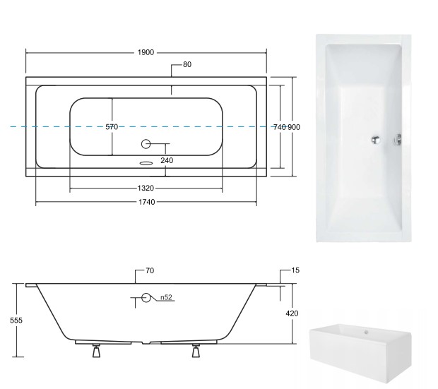 чертеж Ванна акриловая Besco Quadro Slim 190х90 см NAVARA44437