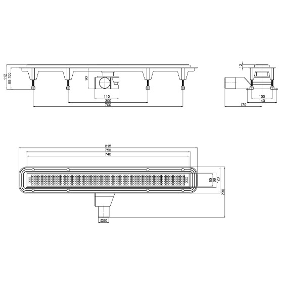 чертеж Трап Qtap Aquarius CRM50800304 линейный с комбинированным затвором и нержавеющей решеткой