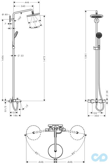 чертеж Душевая система Hansgrohe Croma 220 27223000