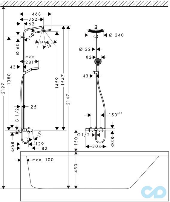 креслення Душова система Hansgrohe Crometta S 240 27320000