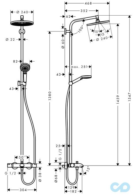 техническая схема Душевая система Hansgrohe Crometta S 240 27320000