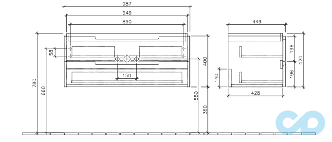 технічна схема Тумба з умивальником Villeroy & Boch Subway 2.0 A6900001