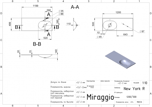 чертеж Раковина Miraggio New York R 0000221 глянцевая