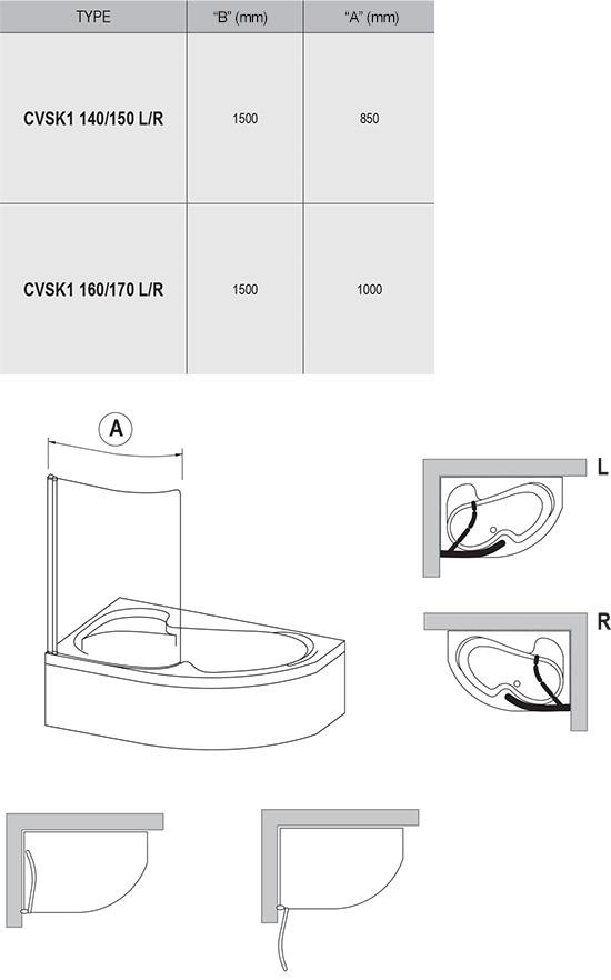 чертеж Шторка для ванны Ravak Rosa CVSK1 140/150 L белый transparent 7QLM0100Y1