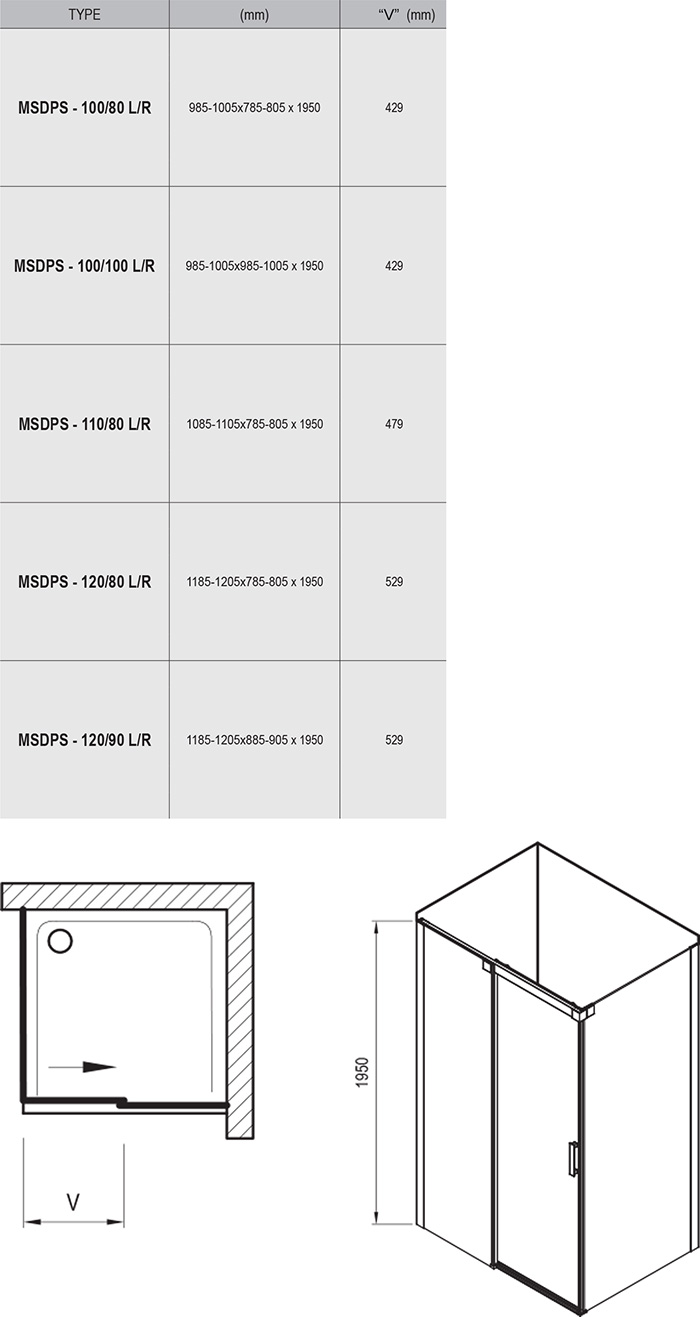 чертеж Душевая кабина Ravak Matrix MSDPS-100/100 L белый transparent 0WLAA100Z1