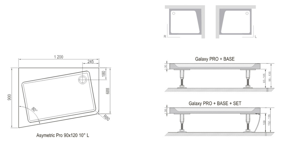 чертеж Панель для поддона Ravak Asymetric 10° Pro Set 120х90 L XA95G70101L