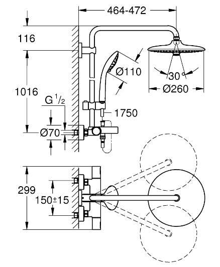 техническая схема Душевая система с термостатом Grohe Vitalio Joy System 27860001