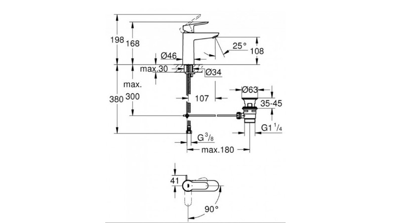 техническая схема Набор смесителей для ванны Grohe BauEdge 123367ME