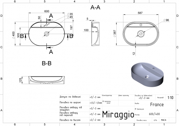 креслення Раковина Miraggio France Mirasoft 0001086 матова