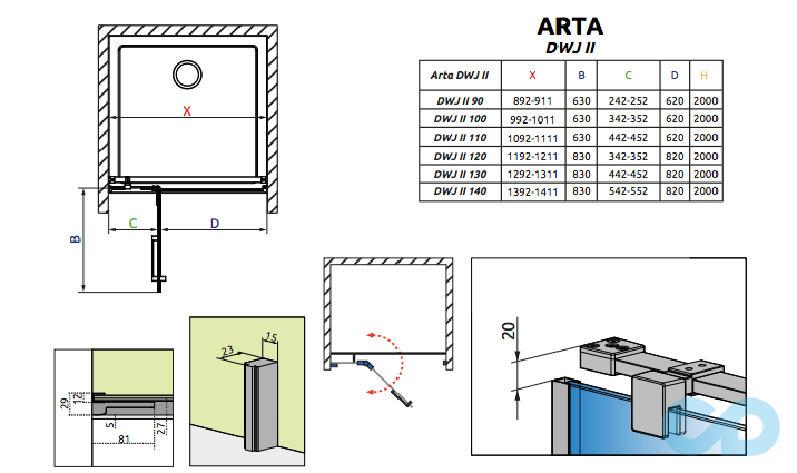 чертеж Душевая дверь Radaway Arta DWJ II 386441-03-01R, 386012-03-01R