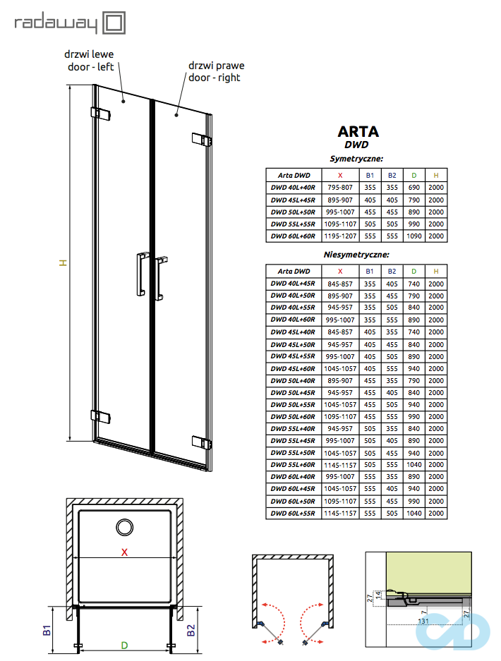 техническая схема Душевая дверь Radaway Arta DWD 40 левая 386030-03-01L