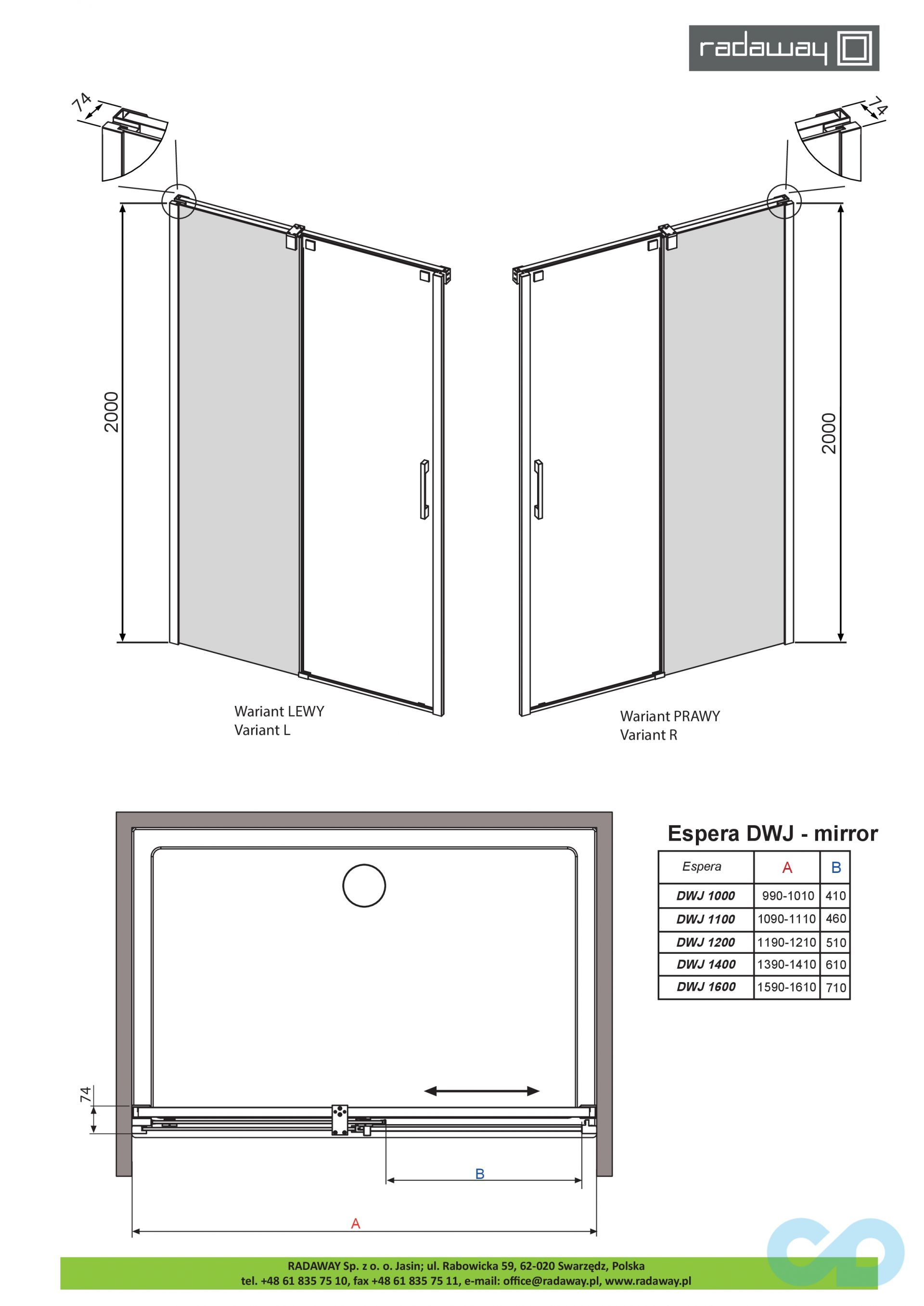 технічна схема Душові двері Radaway Espera DWJ Mirror 140 ліві 380114-71L