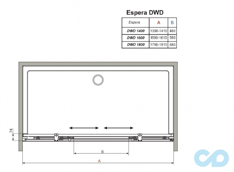 чертеж Душевые двери Radaway Espera DWD 140 арт. 380124-01