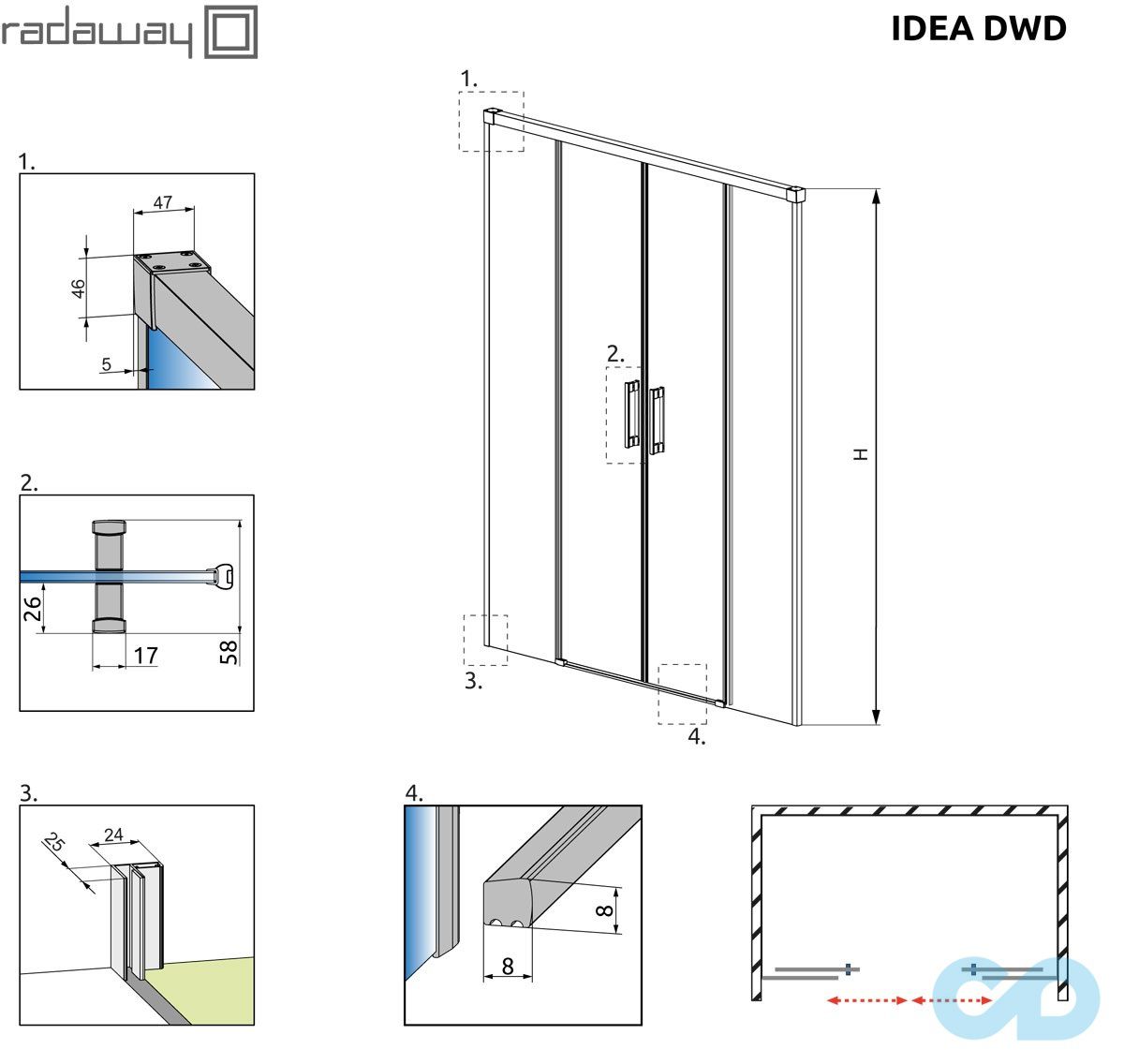 технічна схема Душові двері Radaway Idea DWD 140 арт. 387124-01-01