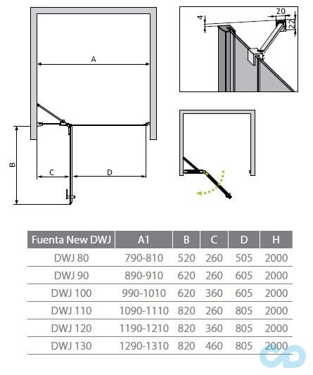 технічна схема Душові двері Radaway Fuenta New DWJ 80 ліва 384012-01-01L