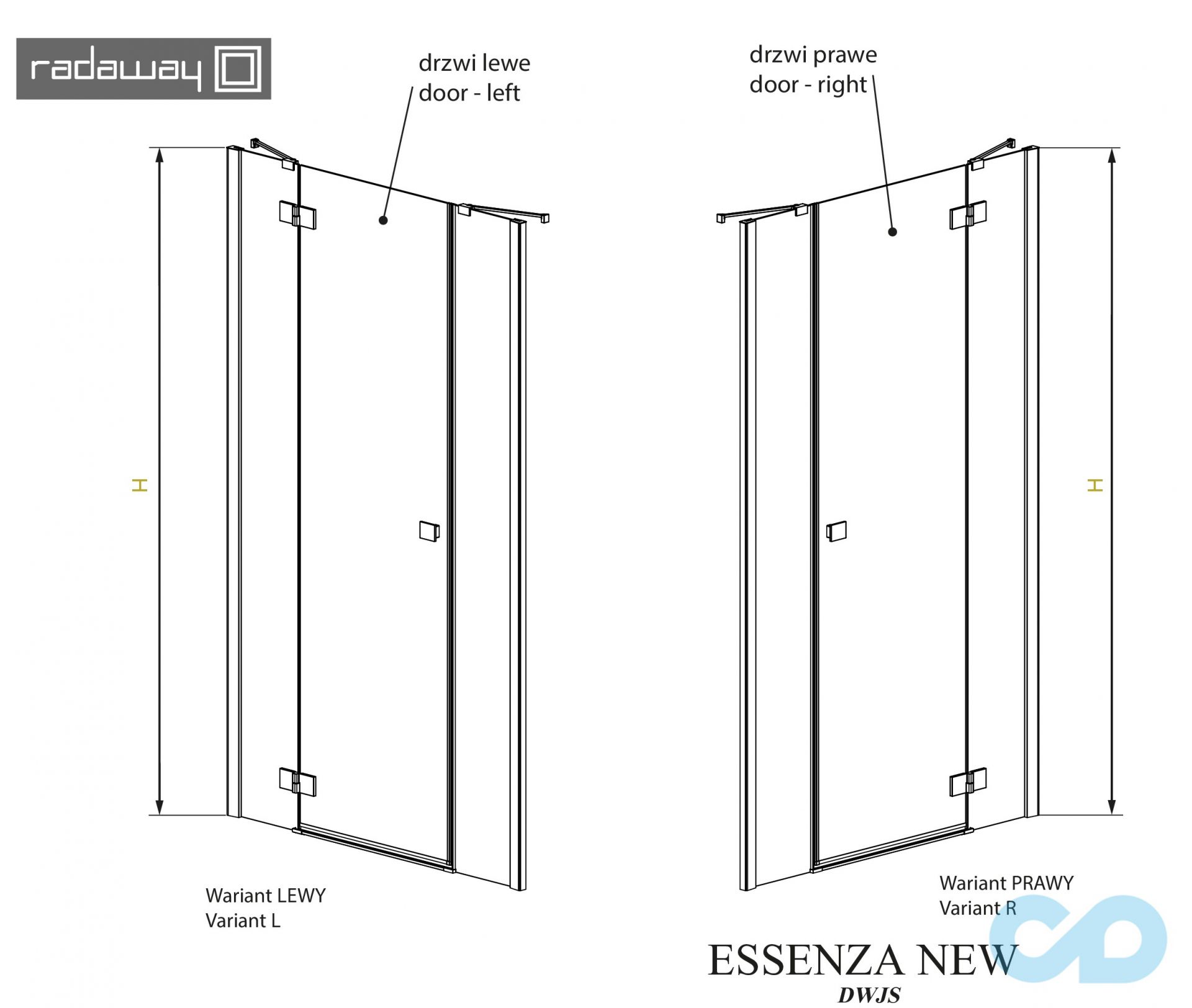техническая схема Душевые двери Radaway Essenza New DWJS 110 левые 385030-01-01L, 384090-01-01