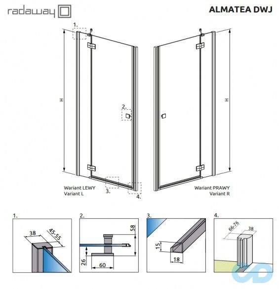 техническая схема Душевая дверь Radaway Almatea DWJ 80 левая 30802-01-01N